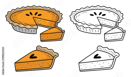 Four of Pumpkin Pie Slices and Whole Pies