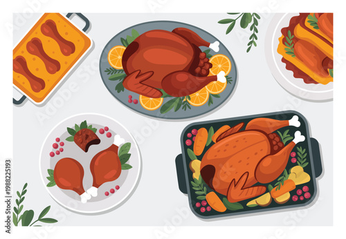 Festive Thanksgiving Dinner Spread with Roasted Turkeys and Sides