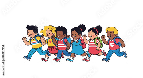 Group Of Diverse Children Happily Running And Going To School Or Playing Together