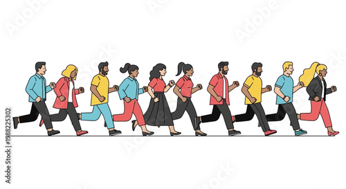 Group Of Diverse People Energetically Running Together in a Seamless Horizontal Line