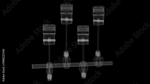 Wireframe Car Engine with Four Cylinders and Rotating Crankshaft on Black Background - 3d 4k animation (3840 x 2160 px)