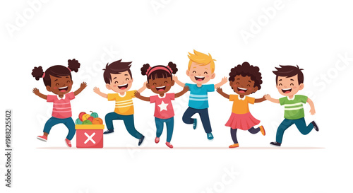 Group Of Excited Children Running Joyfully Together With Arms Raised, Cheerful Faces