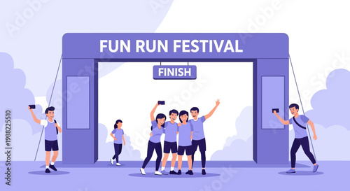 Group Of Excited People Celebrate The Finish Of A Fun Run Festival In Joyful Celebration