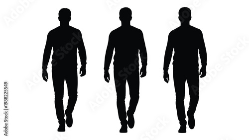 Three silhouetted men walking forward against a stark white background high quality