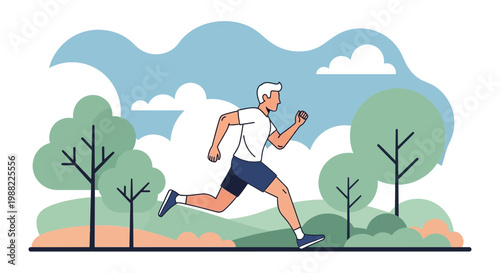 Healthy Lifestyle Concept: Man Running Amidst Nature in Vector Illustration