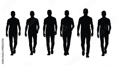Six silhouetted men walking forward depicted in a minimalist and graphic style