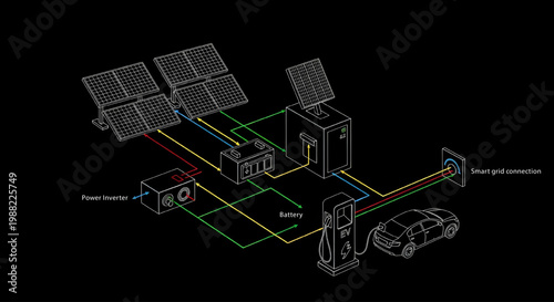 Solar Powered EV Infrastructure System Diagram Blueprint Vector – Power Inverter Battery Smart Grid Connection AutoCAD Technical Illustration on Black Background