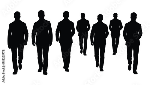 A group of silhouetted men walk forward appearing as business professionals