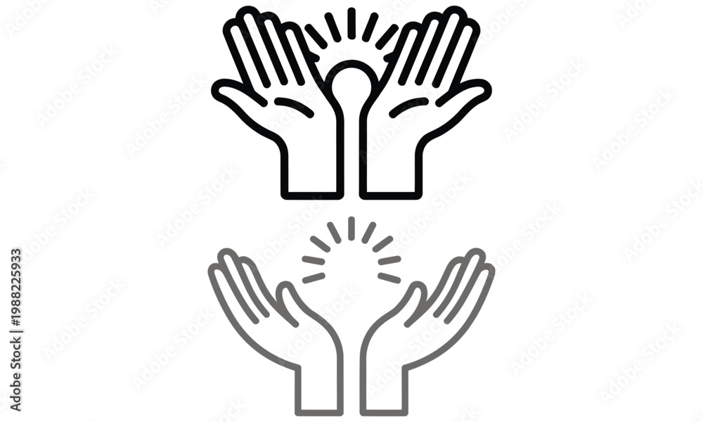 Fototapeta premium Helping hands line art icon with sun symbol representing care support and hope concept