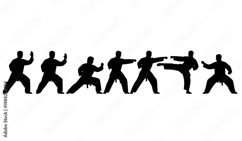 Obraz premium Taichi motion sequence silhouettes vector silat martial arts flow set
