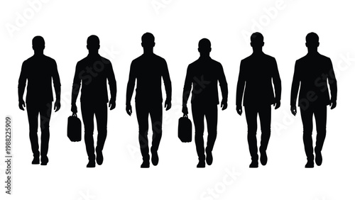 Six silhouetted businessmen walking forward some carrying briefcases in a linear arrangement