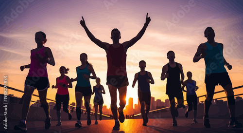 Group Of Runners Celebrating Victory During a Dramatic Sunset Silhouette