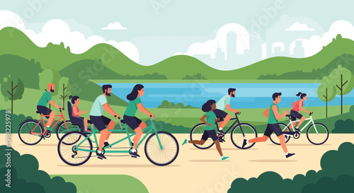 Healthy Lifestyle Depicted, Families And Individuals Enjoying Recreational Activities In Nature