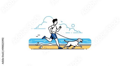 Healthy Lifestyle Depicted, Morning Run by Seaside with Pet, Exercising and Joy