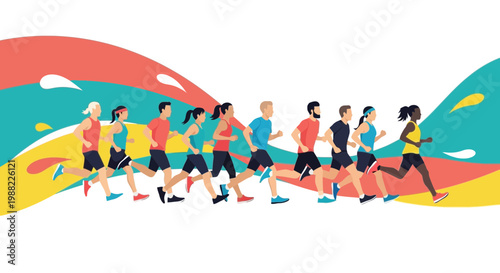 Group Of Runners Racing Together With Abstract Colorful Background, Healthy Lifestyle