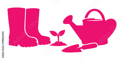 Pink gardening tools vector silhouette, rubber boots and watering can icons, garden trowel and seedling plant illustration for spring landscaping