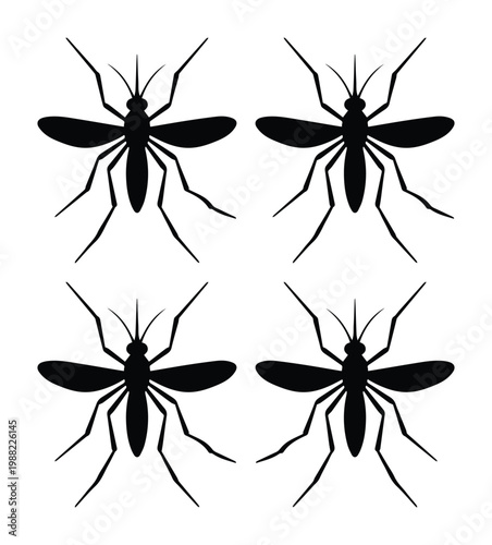 Black mosquito silhouette icons set, vector insect graphics for pest control and health awareness, 4 mosquito elements on white background