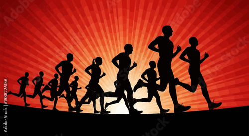 Group Of Runners Silhouette Against a Vibrant Red Background Representing Energy and Motion