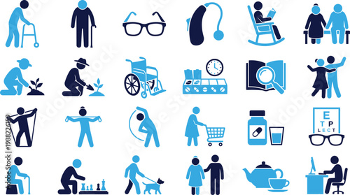 Elderly people walking aids glasses hearing aid reading rocking chair holding hands.