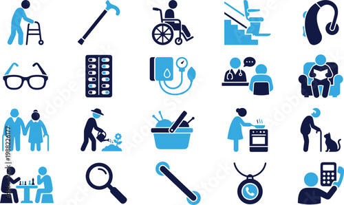 Senior walking cane wheelchair stair lift hearing aid glasses pills doctor patient.