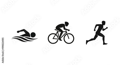 Iconic Triathlon: Swim, Bike, and Run Silhouette Illustration on White Background
