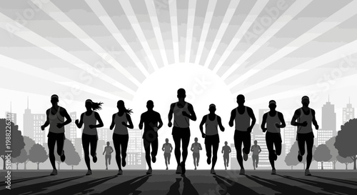 Group Of Runners Starting Competition Against City Silhouette With Sunrise Backdrop