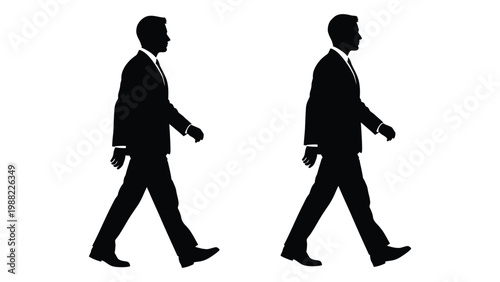 Two silhouetted men in suits walking depicted in a minimalist black and white style