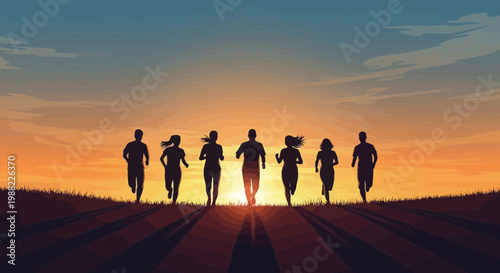 Group Of Silhouetted People Running Towards Bright Sunset Over Horizon
