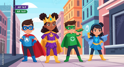 Group Of Young Superheroes Posing Confidently Amidst City Buildings' Skyline