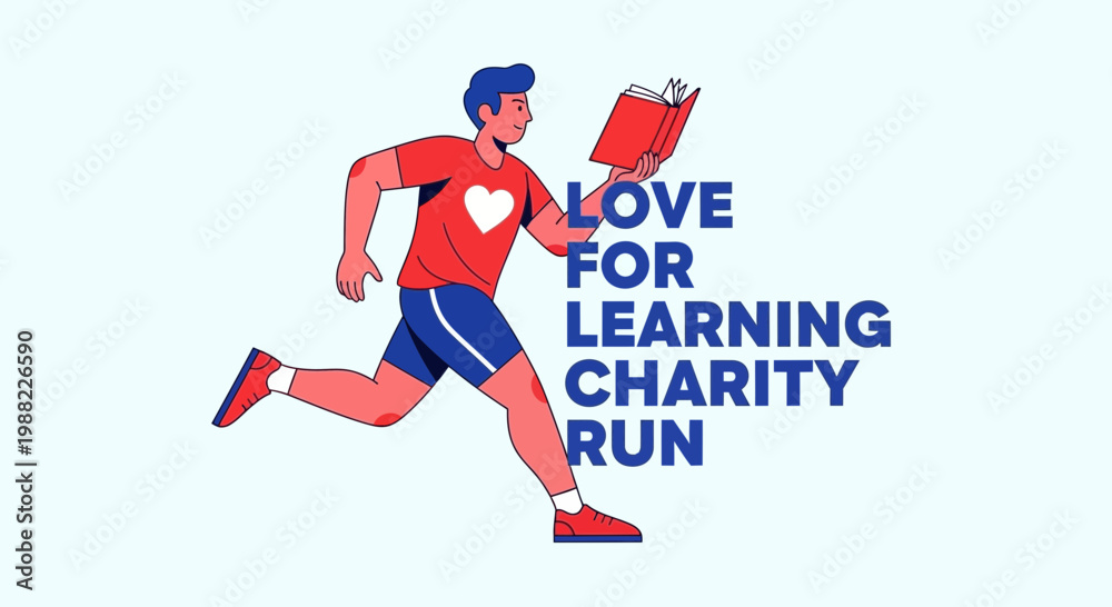 Fototapeta premium Illustrated Athlete Running While Reading Book Concept For Charity Event