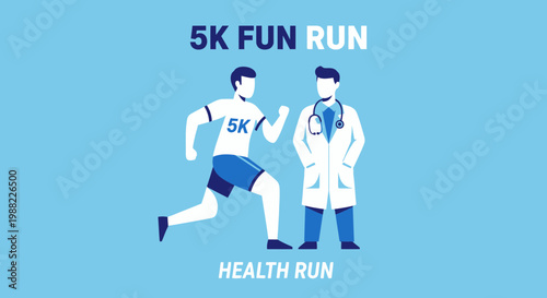 Illustrated 5K Fun Run Concept with Runner and Doctor Representing Health and Exercise