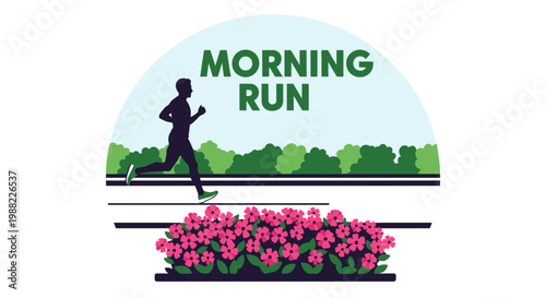 Healthy Morning Run Depicted As a Silhouette with Greenery Graphics and Vibrant Flower Bed