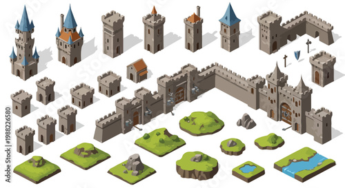 Isometric Medieval Castle Building Elements Vector Set