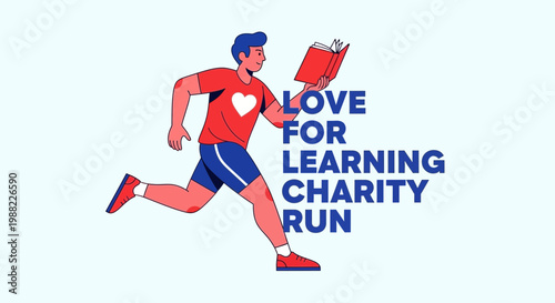 Illustrated Athlete Running While Reading Book Concept For Charity Event