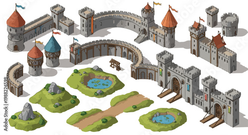 Isometric Medieval Castle Building Blocks Vector Set