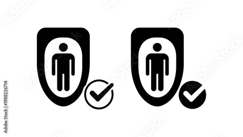 Data privacy and user protection concept icon set featuring a human figure inside a shield with a check mark in black and white styles for cybersecurity and identity verification