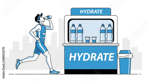 Healthy Runner Rehydrating, Near a Water Station, Staying Refreshed and Hydrated for a Marathon
