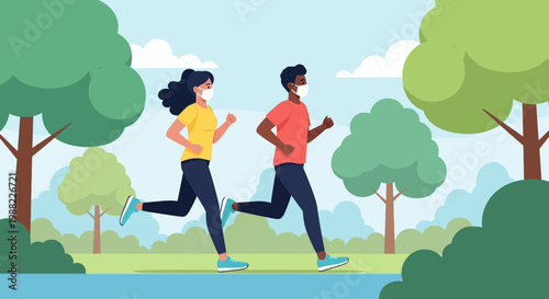 Healthy Pair of People with Masks Jogging in Natural Park During the COVID-19 Era
