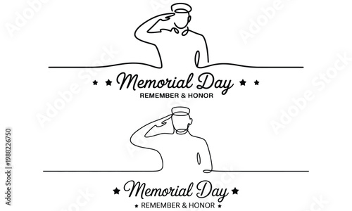 Memorial day line art badge with salute soldier and patriotic remembrance theme