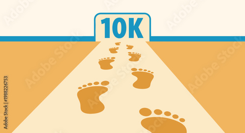 Illustrated Concept of 10K Race, Reaching End Goal, With Distance Marking, And Footprints