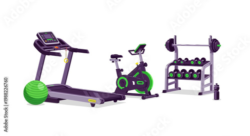 Gym Equipment: Treadmill, Exercise Bike, Weights, and Workout Accessories Illustration