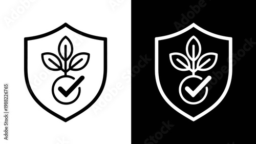 Safety shield icon with sprouting plant and check mark symbol representing environmental protection and sustainable business practices in clean vector style