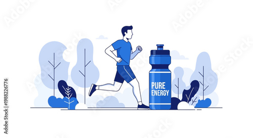 Healthy Runner With Pure Energy Bottle Running By Forest on a Cool Day Graphic Illustration