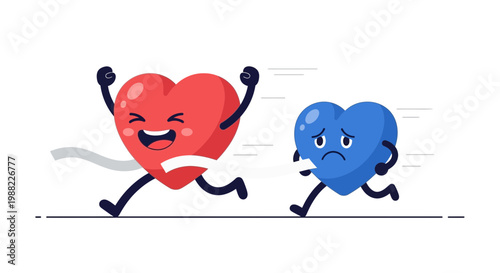 Heart Wins Race While Another Heart Trails Behind Depicting Success and Failure