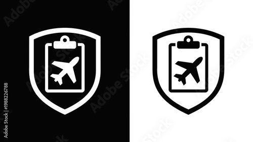 Official travel documentation and flight security shield icon set for airport check-in and airline services in high contrast black and white vector art