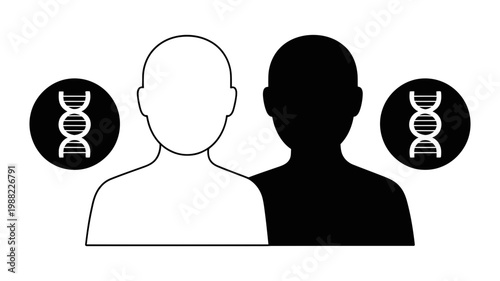 Two human profile silhouettes with dna helix markers isolated on white background for genetic testing and science