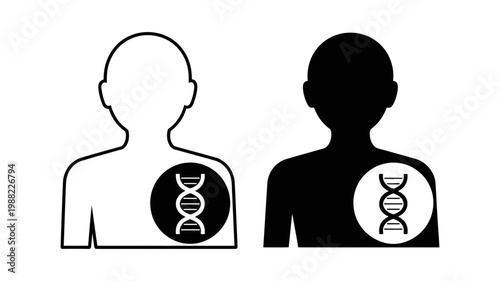 Human torso silhouettes with dna helix inside chest area for health and medical genetic screening illustrations