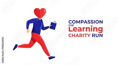 Heart-Headed Figure Running With Book Represents the Compassion for Education Charity Event