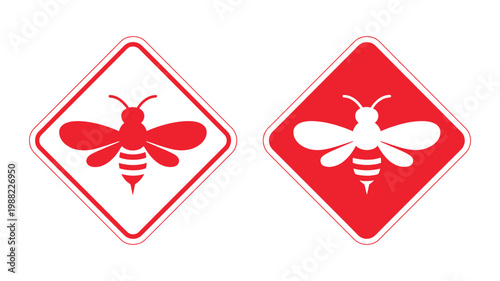 Bee warning sign vector icon set for apiary and allergy awareness in red and white diamond shapes