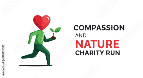 Heart-Headed Figure Running with Sapling Illustrates Compassion and Natural Growth